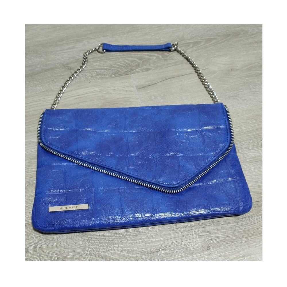 Nine West Blue Pebbled Faux Leather Short Chain Handbag Silver Hardware